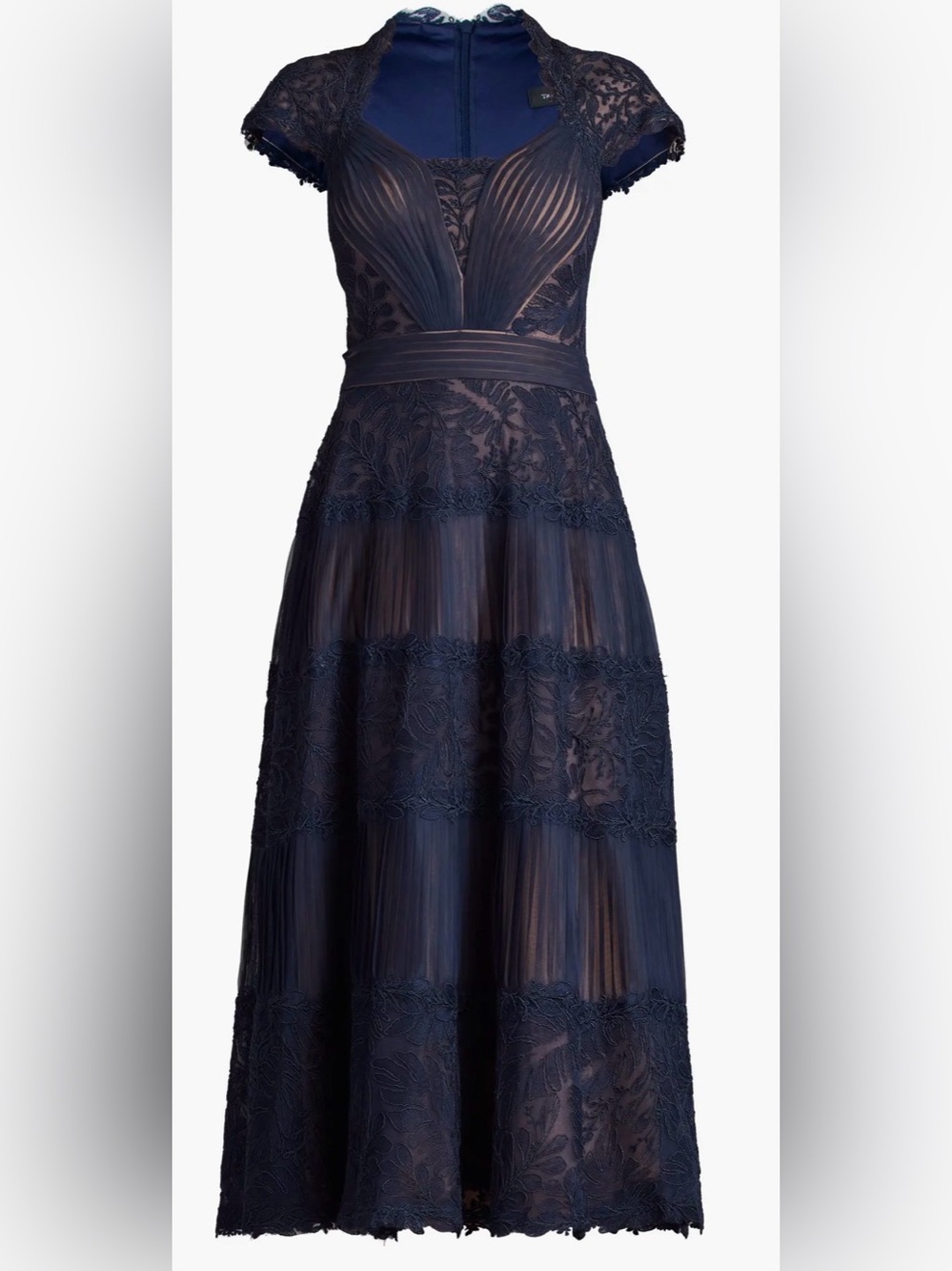 NEW Tadashi Shoji Pintuck Pleat Embroidery Detail Cocktail Midi navy nude Dress - Picture 4 of 11